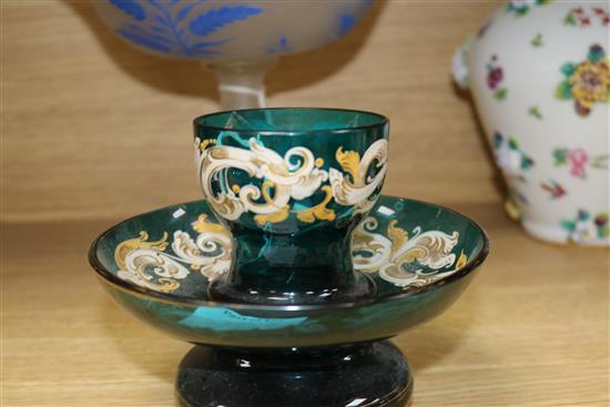 A 19th century Continental frosted and overlaid glass centrepiece and an enamelled green glass centrepiece H.21 & 13cm.